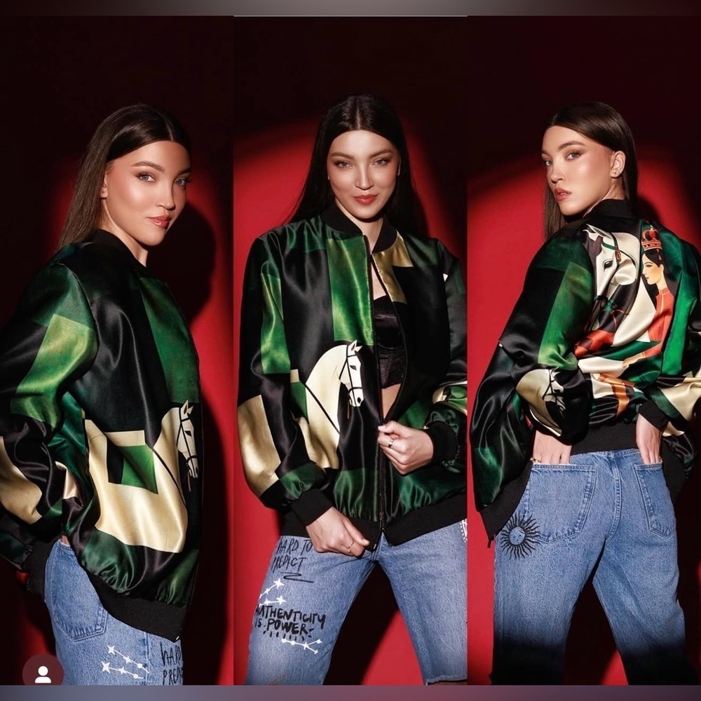 NWT Source Unknown unique Black and Green chess Bomber Jacket